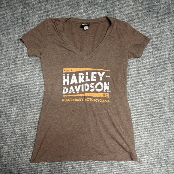 Harley-Davidson Tops - Harley Davidson Womens T Shirt Brown V Neck‎ Short Sleeve Hunter Moon Lafayette